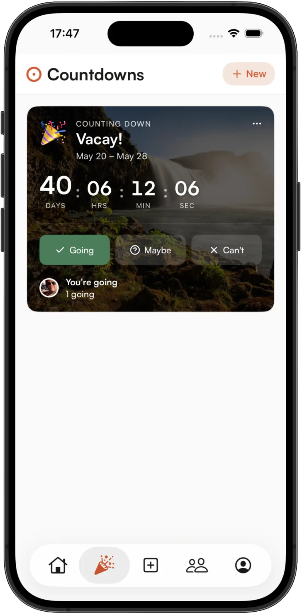 Events screen showing vacation countdown with RSVP